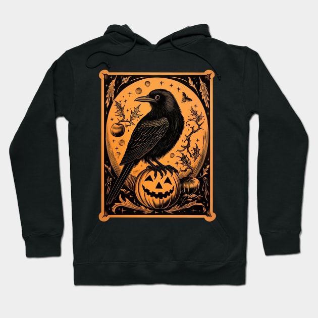 Vintage Retro Halloween Crow Hoodie by AI Art Originals